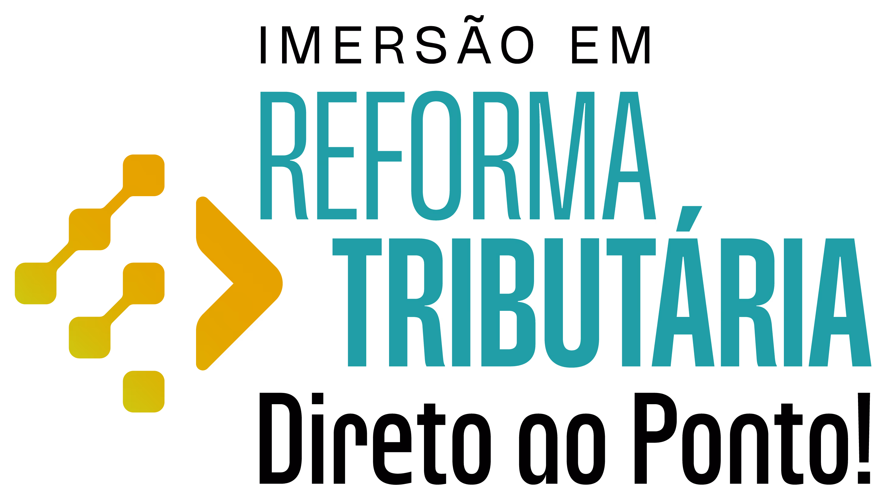 Logo with interconnected orange-yellow squares and an arrow pointing right, accompanied by the text Reforma Tributária in teal.